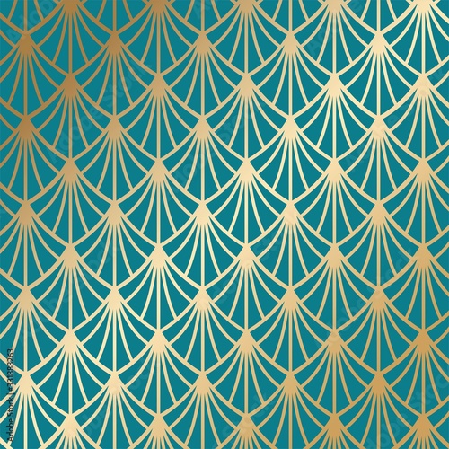 Art deco seamless pattern in gold color on an isolated dark turquoise background or gold exclusive background. EPS 10 vector.