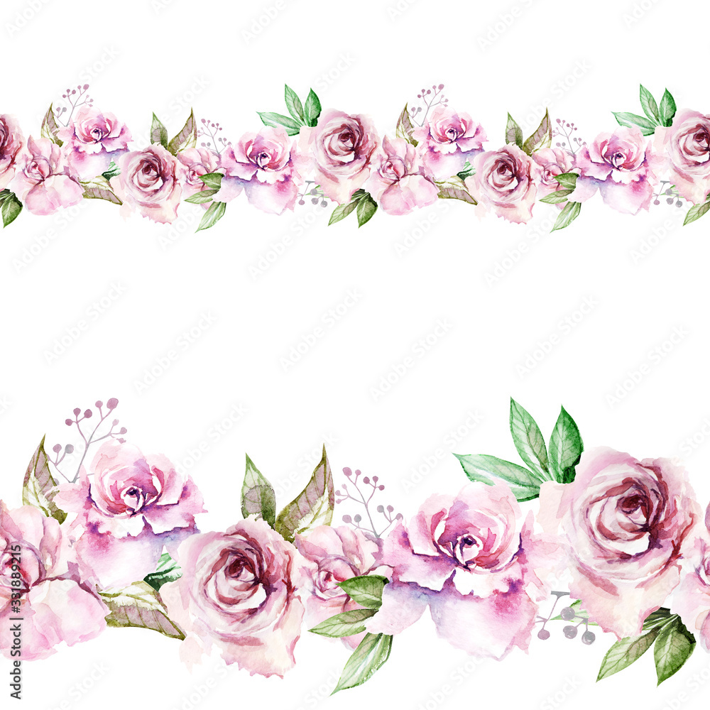 vintage hand drawn watercolor pattern pink roses flowers, leaves in the garden on seamless ribbon white background for use in design, textiles, wallpaper, stationery, scrapbooking, duct tape, braid