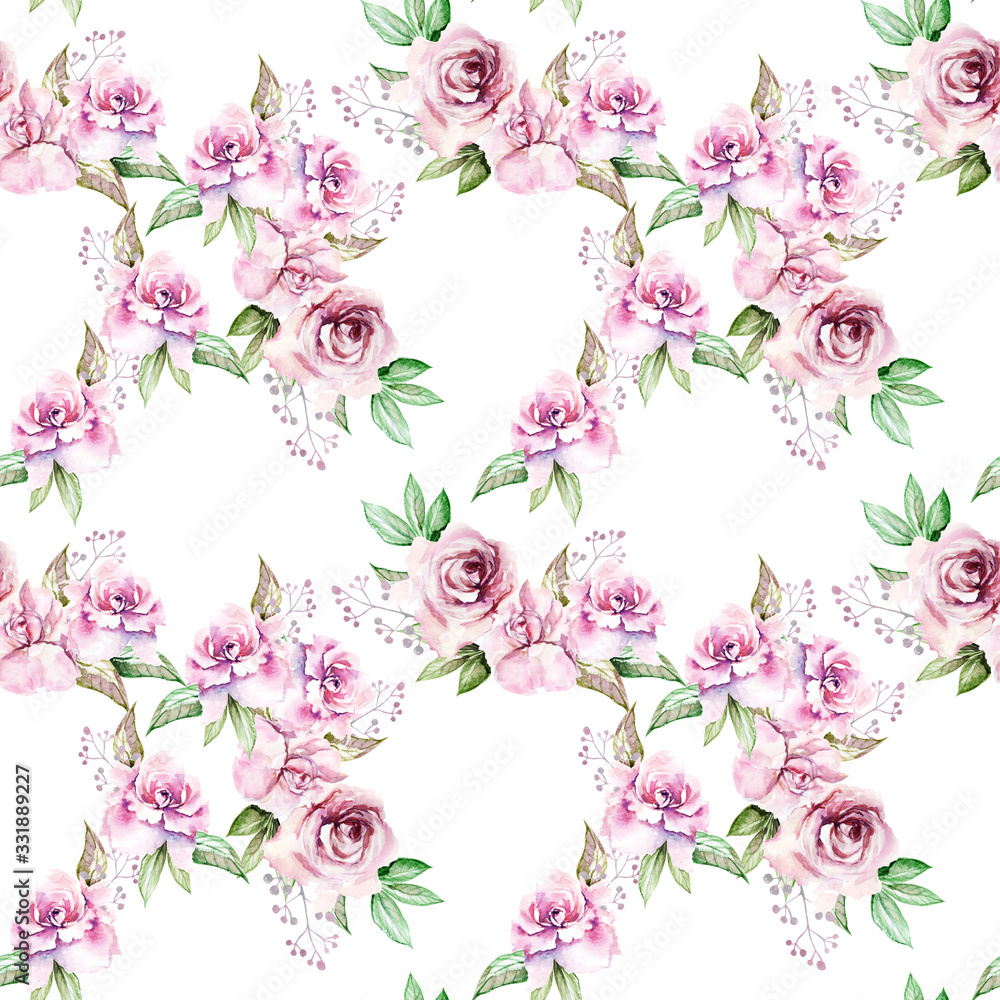 vintage hand drawn watercolor drawing pink roses flowers, leaves in the garden on a seamless white background for use in design, textiles, wallpaper, wrapping paper, stationery, scrapbooking