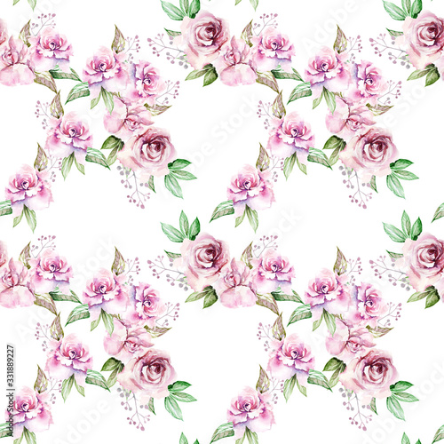 vintage hand drawn watercolor drawing pink roses flowers  leaves in the garden on a seamless white background for use in design  textiles  wallpaper  wrapping paper  stationery  scrapbooking