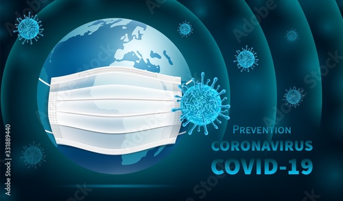 Protecting the Earth coronavirus epidemic COVID -19. Planet in a medical mask, abstract dark background. 3D Realistic illustration. Vector.