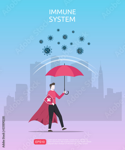Strong immune system concept. Powerful man character under red umbrella reflect virus or infectious bacteria. Metaphor vector illustration template with city building background