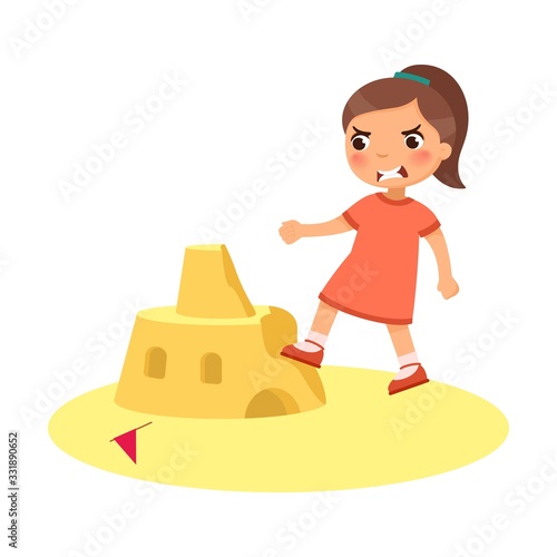 Angry little girl destroying sandcastle flat vector illustration. Little kid breaking beach fortress cartoon character. Cruel child ruining sand tower isolated on white background. Violence concept