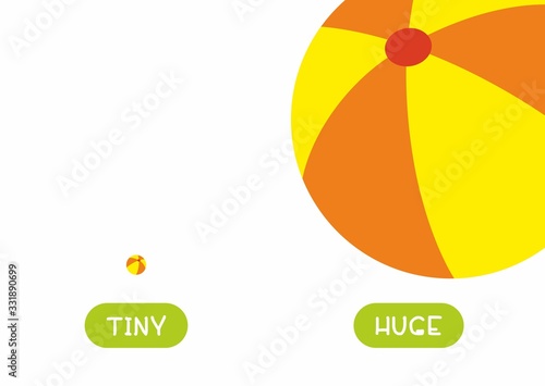 Big and tiny toys flat  illustration with typography. Huge and tiny antonyms word card flat vector template. Flashcard for english language learning. Big and small opposites concept.