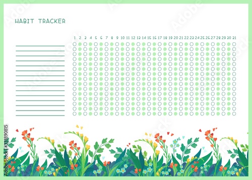 Habit tracker for month flat vector template. .Spring wild flowers themed blank, personal organizer with decorative frame. Summer season floral border with stylized lettering