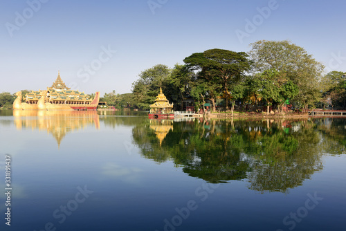 View to Karaweik royal burmese barge, a palace on the eastern shore of Kandawgyi Lake, Yangon, Myanmar