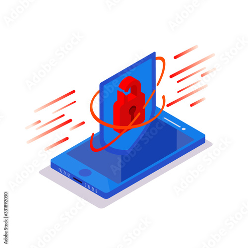 Cyberattack concept. Isometric phone with padlock protective shield on a blue background. Hacking smartphone user database. New technologies security.