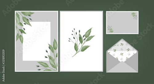 Floral background template collection for Wedding invite, rsvp, thank you label save the date card Design with tiny flower and leaves watercolor. Vector illustration.