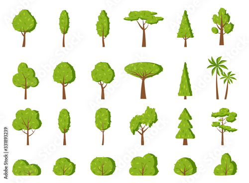 Summer tree and bush  flat cartoon icon set. Different shape simple spring forest park  oak  garden  fir  palm  symbol. Season green leaf  eco organic plant sign. Isolated on white vector illustration
