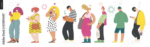 Waiting in line coronavirus - modern flat vector concept illustration of people standing in line wearing mask, talking to each other. Multicultural, multilingual people, coronavirus protection concept