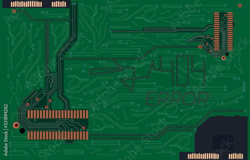 Vector circuitry electric 404 error background, colorful green banner, technology backdrop.