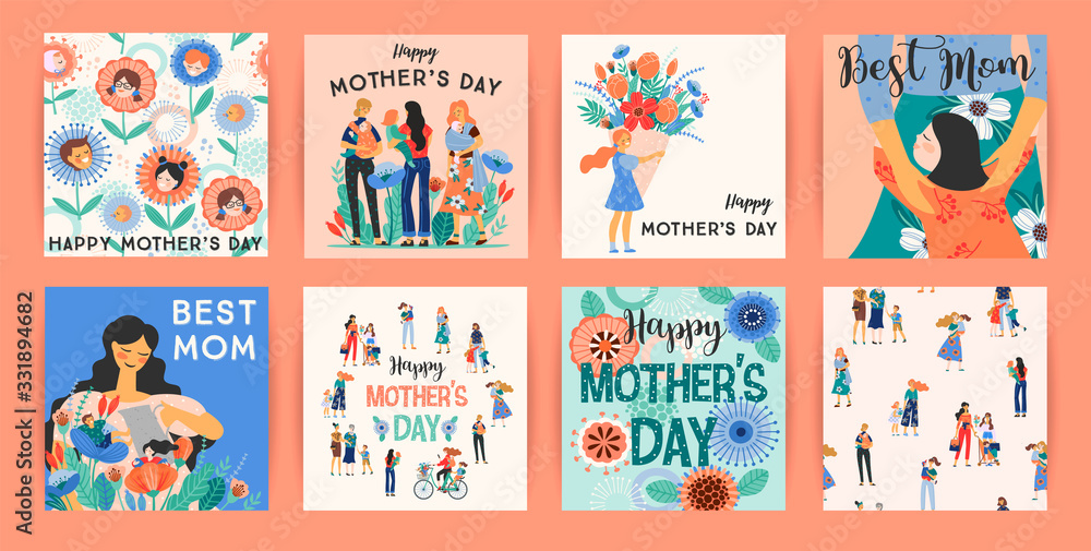 Fototapeta premium Happy Mothers Day. Vector templates with women and children.