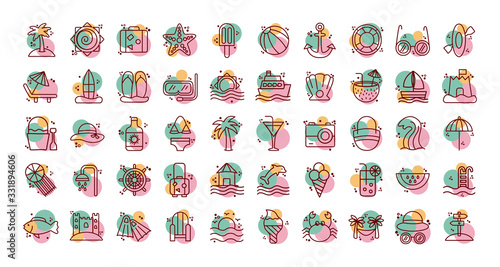 bundle of beach set line and color icons