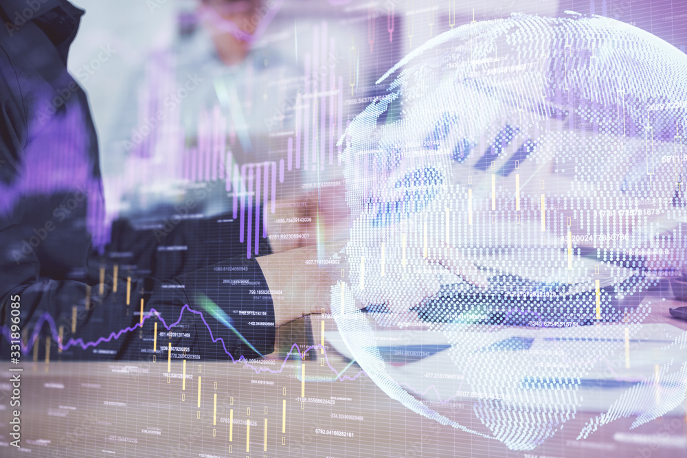 Double exposure of graph with man typing on computer in office on background. Concept of hard work. Closeup. Double exposure of graph with man typing on computer in office on background. Concept of hard work. Closeup.