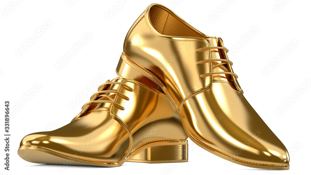 Golden shoes as a concept of luxury expensive high-quality shoes. 3d rendering illustration a pair of fashionable gold mens shoes isolated on white background. Stock Illustration | Adobe Stock