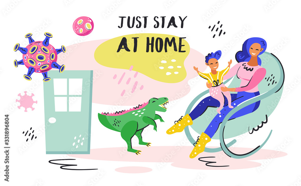 Obraz premium Just stay at home. Young smiling girl with little kid on the chair. Green dino. Coronavirus pandemic self isolation, protection. Flat colourful vector illustration icon sticker isolated on background