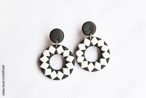 Black white circle hoop geometric earrings. Polymer clay jewelry.
