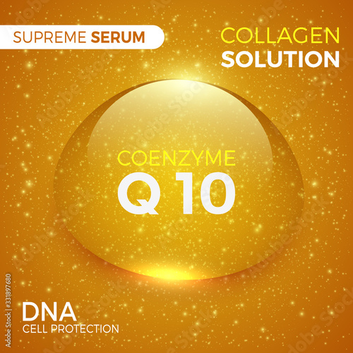 Coenzyme Q10. Collagen solution. Shiny golden drop of supreme serum. Package design cosmetic products. Vector illustration.