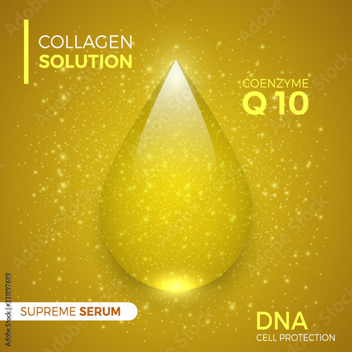 Coenzyme Q10. Collagen solution. Shiny golden drop of supreme serum. Package design cosmetic products. Vector illustration.