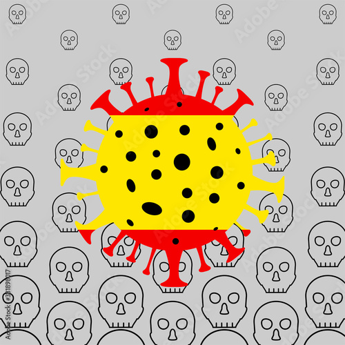 Coronavirus kills people in Spain. Coronavirus danger. Novel coronavirus (2019-nCoV), Abstract virus strain model on the background of skulls