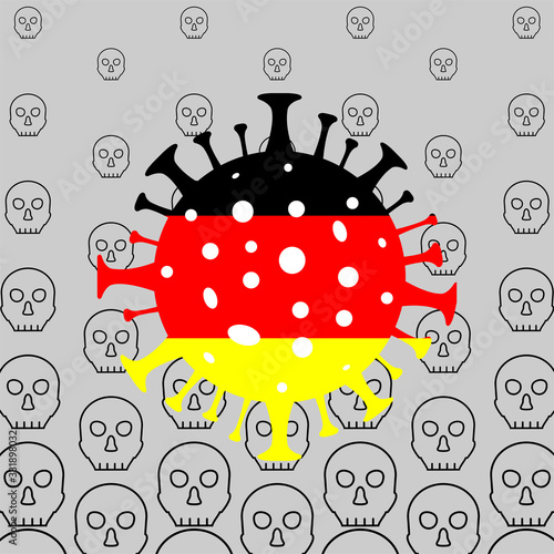 Coronavirus kills people in Germany. Coronavirus danger. Novel coronavirus (2019-nCoV), Abstract virus strain model on the background of skulls