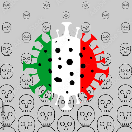 Coronavirus kills people in Italy. Coronavirus danger. Novel coronavirus (2019-nCoV), Abstract virus strain model on the background of skulls