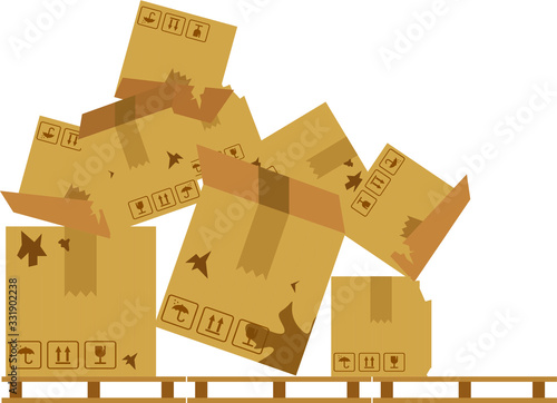 Pile of stacked sealed goods cardboard boxes. Flat style vector illustration isolated on white background. Damaged box.