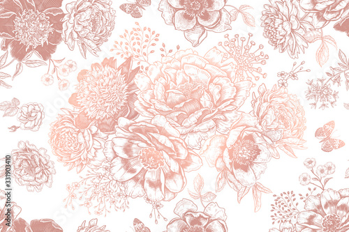 Seamless pattern with peonies and leaves. White and gold foil print.