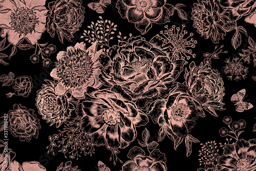 Seamless pattern with peonies and leaves. Black and gold foil print.