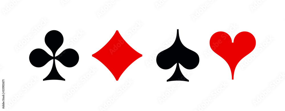 Set shape diamonds, clovers, hearts, spades 4 Playing card suits icons template black and red color editable. Playing card suit symbol pictogram for web design mobile app, isolated on white background Set shape diamonds, clovers, hearts, spades 4 Playing card suits icons template black and red color editable. Playing card suit symbol pictogram for web design mobile app, isolated on white background