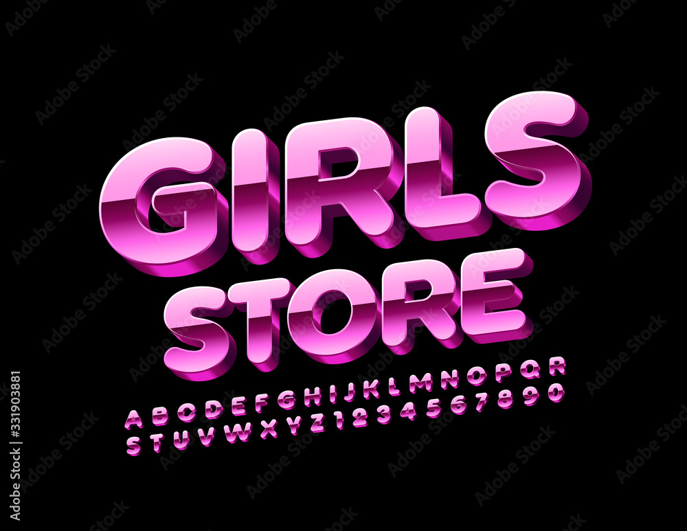 Vector pink metal logo Girls Store with 3D reflective Font. Shiny Alphabet Letters and Numbers