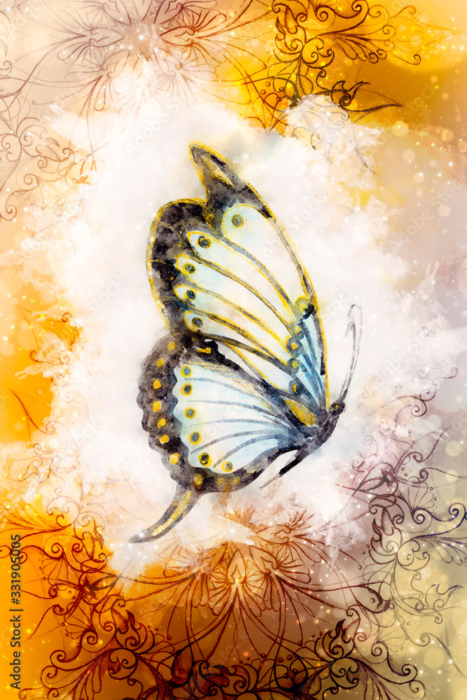 Illustration of a butterfly and ornament, mixed medium. Abstract color background.