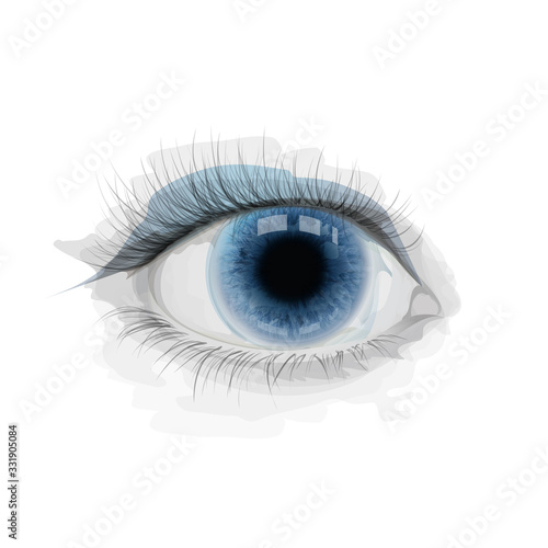 Blue vector eye with watercolor imitation stains. Realistic eye iris. Illustration for cosmetology, ophthalmology clinic, extensions eyelashes. Vector, EPS 10