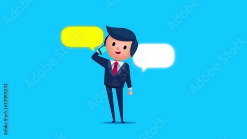 Loop animation of businessman character talking to the mobile phone with speech bubble graphics 