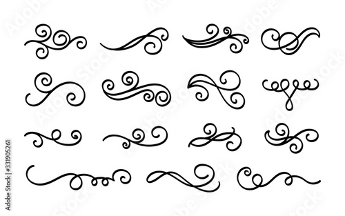 Hand drawn flourishes, curls, dividers, scrolls and swirls set. Vector decoration and design elements.