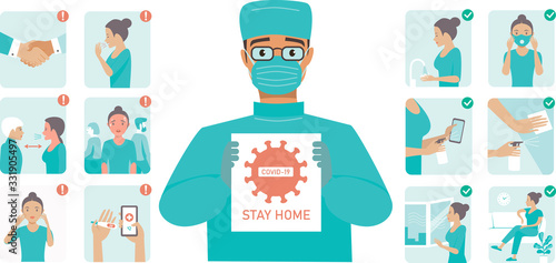 Coronavirus Covid-19 protection tips. Doctor wearing protective midical mask holding STOP COVID-19 sign