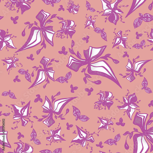 Ink flowers abstract seamless background, pattern, abstract wild flower, dandelion, branch. Isolated on pink background. Grunge flowers and plants in a watercolor style and mascara on a thin branch.