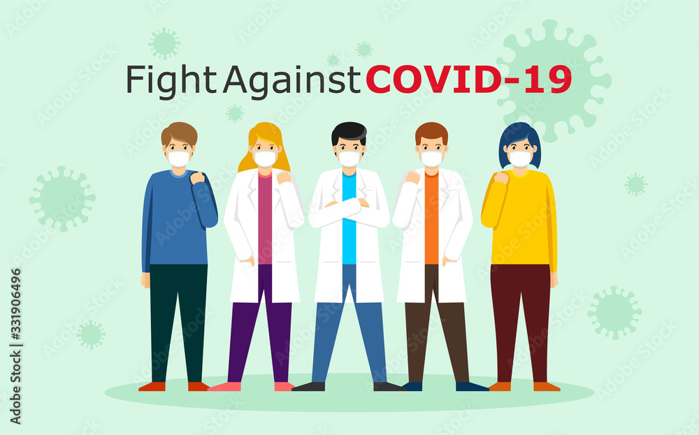 People and Doctor wearing Face Mask Fight Against Covid-19, Coronavirus Disease, Health Care and Safety, vector illustration People and Doctor wearing Face Mask Fight Against Covid-19, Coronavirus Disease, Health Care and Safety, vector illustration