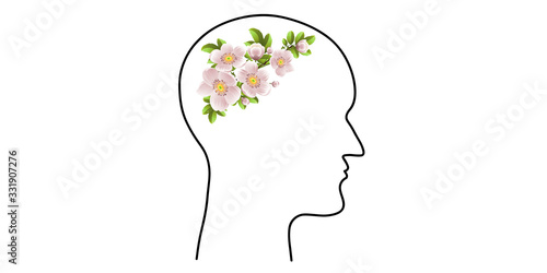 Abstraction. The contour of the human head. Spring flowers. Illustration