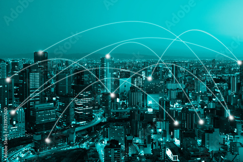 Business network connection on city financial background