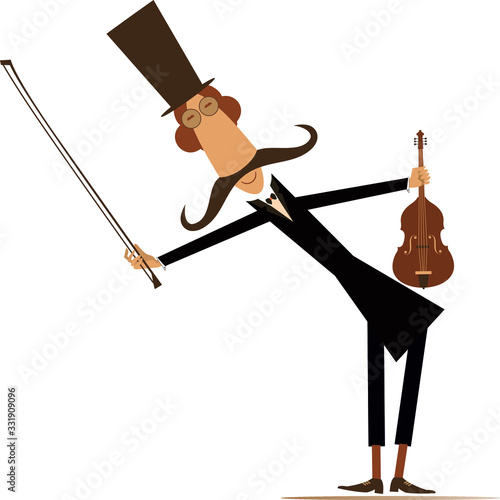 Cartoon long mustache violinist illustration.  Smiling mustache man in the top hat with violin and fiddlestick isolated on white illustration