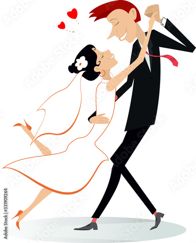Dancing married wedding couple illustration. Heart symbol and dancing happy man and woman in the white dress and isolated on white