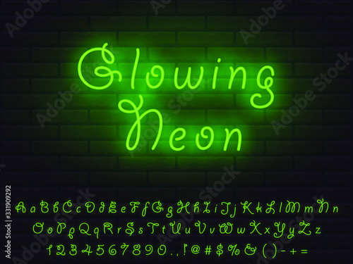 Set of green color nice cute fairy vintage neon font. Letters, numerals, signs, icons with transparent glow for web design and advertising