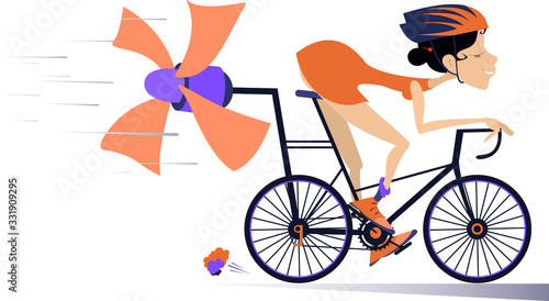 Cartoon woman rides a bike illustration. Smiling woman in helmet on the bike tries to ride faster using a propeller isolated on white