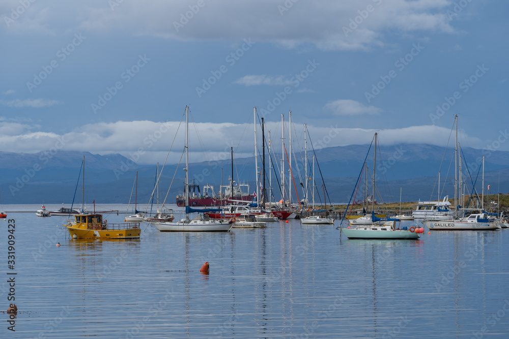 Sailboats in harbor in Ushuaia, Argentina