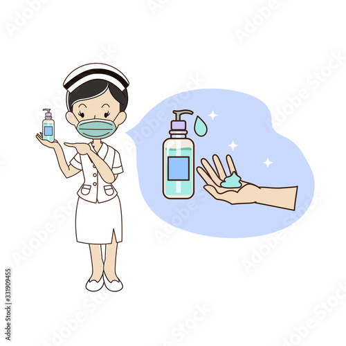 Nurse with mask is showing alcohol gel for washing your hand , cleaning hand avoid from coronavirus
