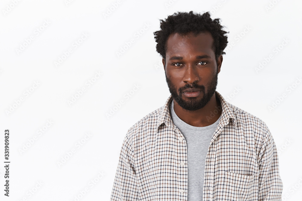 Close-up sassy and confident, bearded african american guy with afro hairstyle, have calm and relaxed facial expression, look camera determiend and self-assured, standing casually white background Close-up sassy and confident, bearded african american guy with afro hairstyle, have calm and relaxed facial expression, look camera determiend and self-assured, standing casually white background