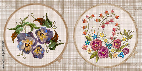 Embroidery collection. Flowers. Template tambour frame with a canvas, elements from stitches. Art for clothes