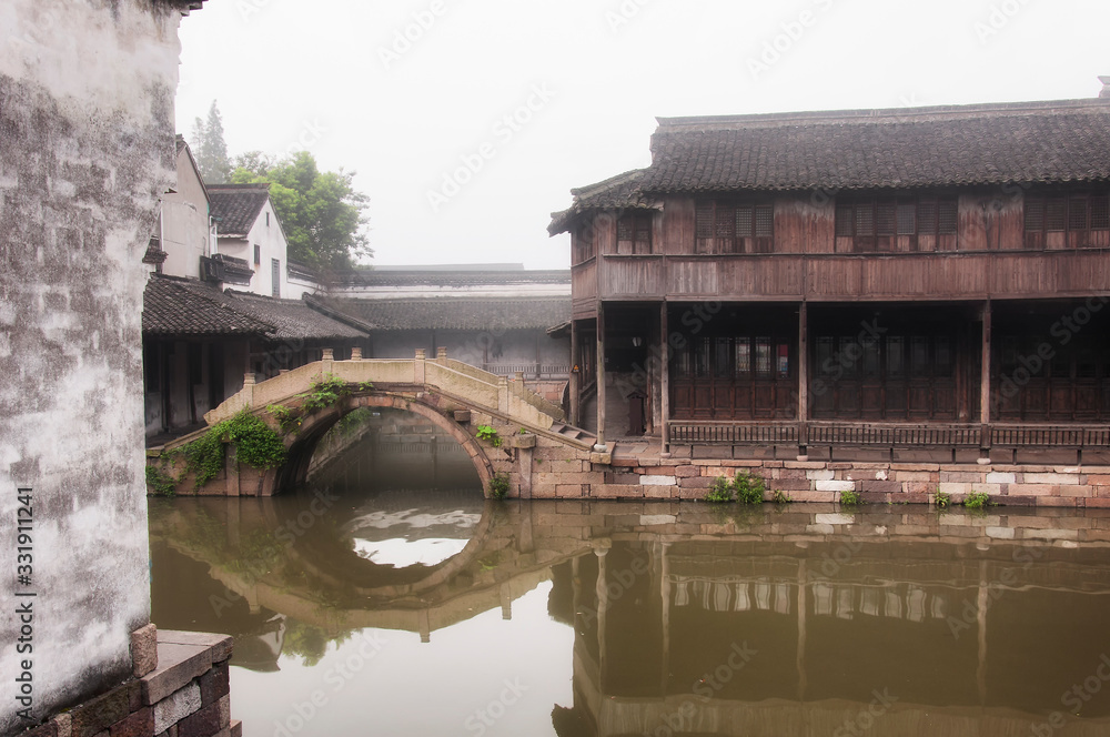 wuzhen china water town  bridge and buildings