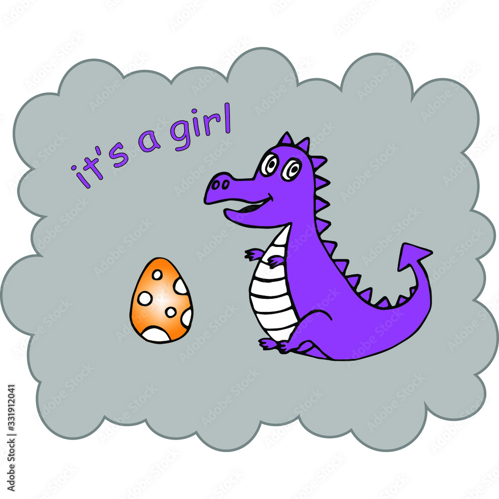 Obraz premium Vector illustration with lilac dinosaur and orange egg. Text is a girl